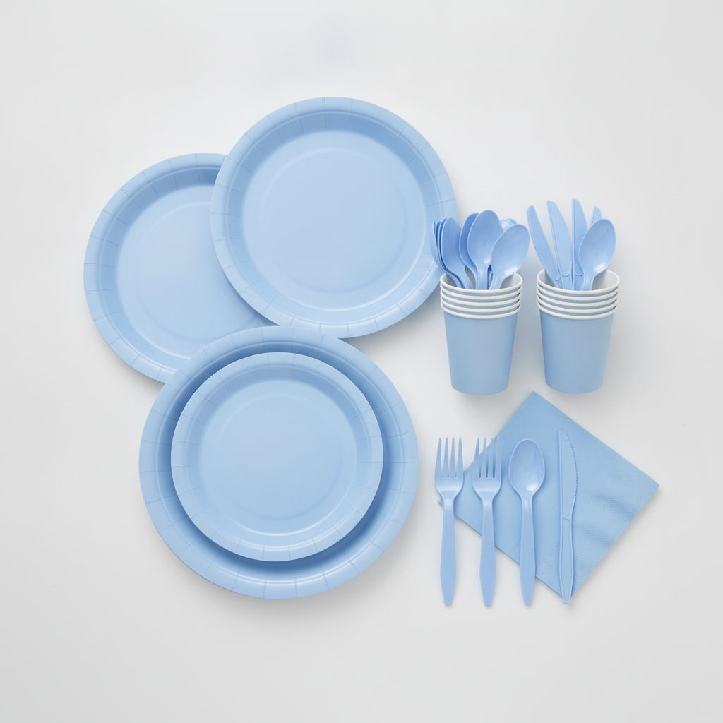 Overhead flat-lay of baby blue paper plates, cups and plastic cutlery
