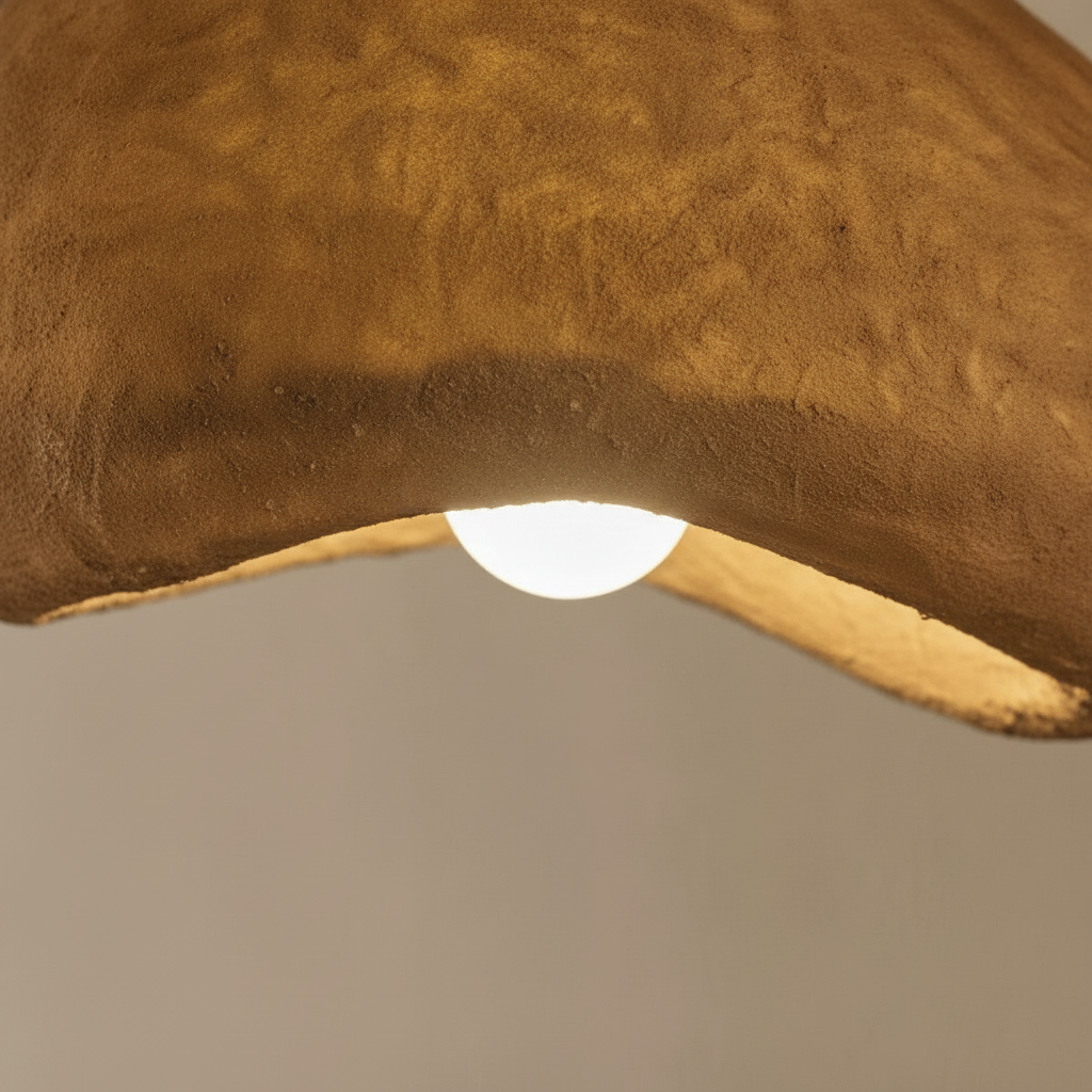 Close-up of the rough matte hand-formed texture and warm glow of the cloud pendant