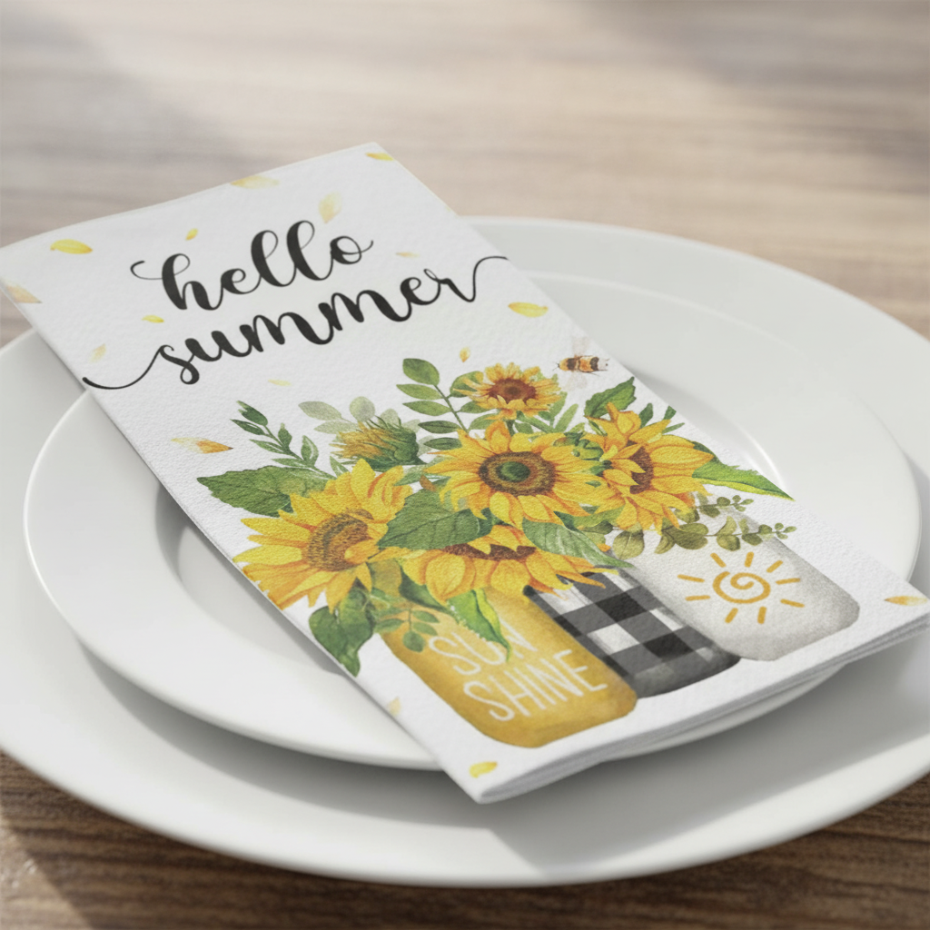 Folded sunflower paper napkin on a white plate in a summer place setting