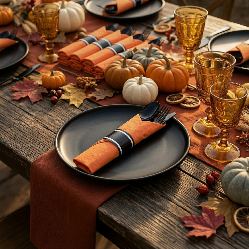 Single pre-rolled black cutlery and orange napkin set on a black plate with a pumpkin Thanksgiving setting