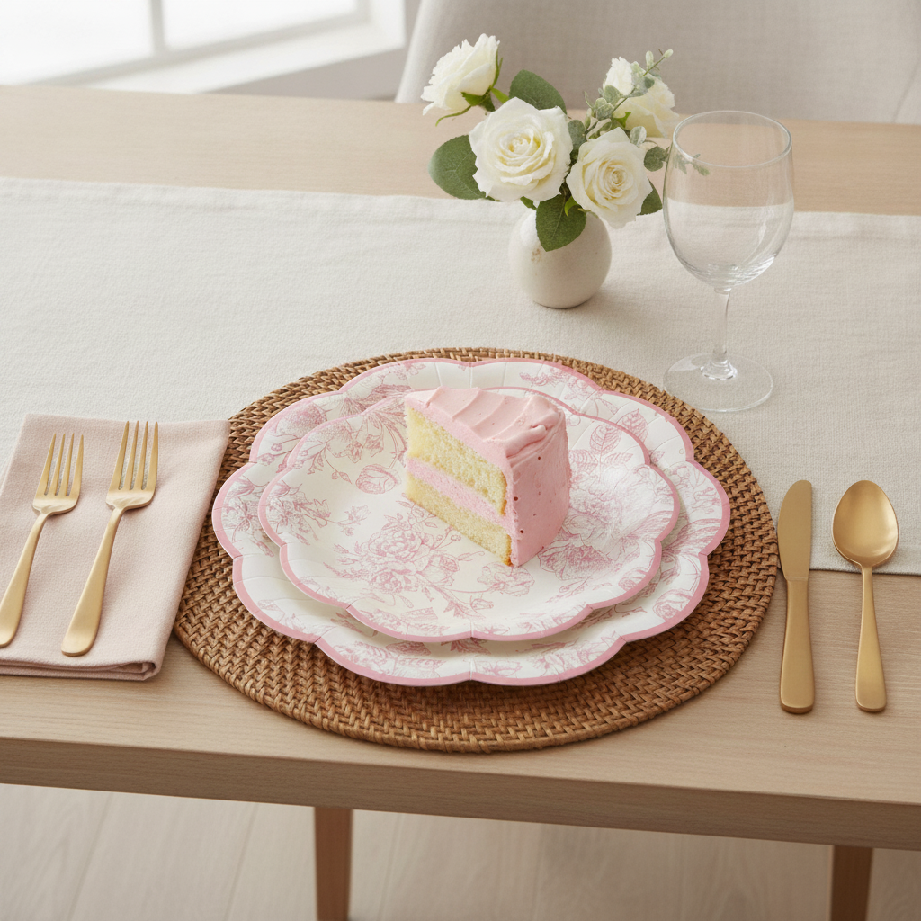 Pink floral scalloped paper dessert plate holding a slice of cake