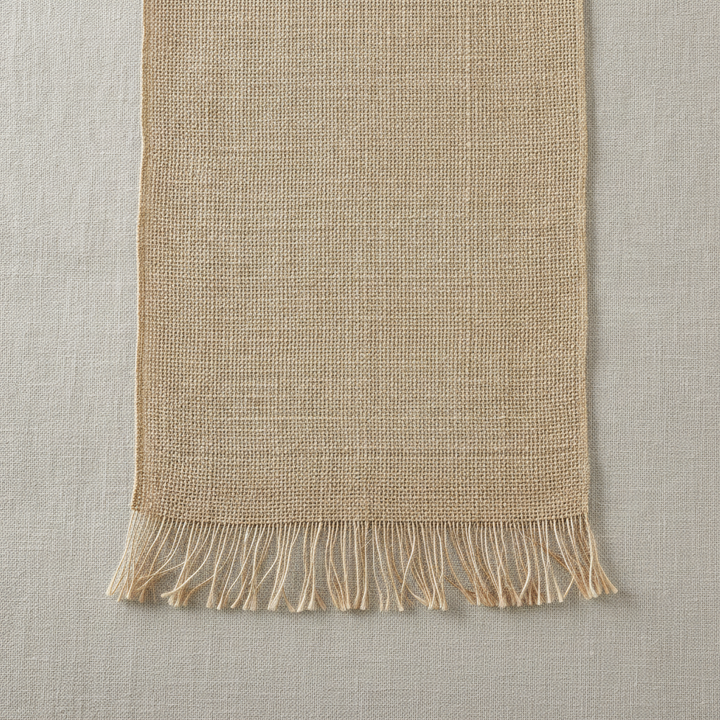 Flat-lay detail of the frayed fringed end of the burlap table runner