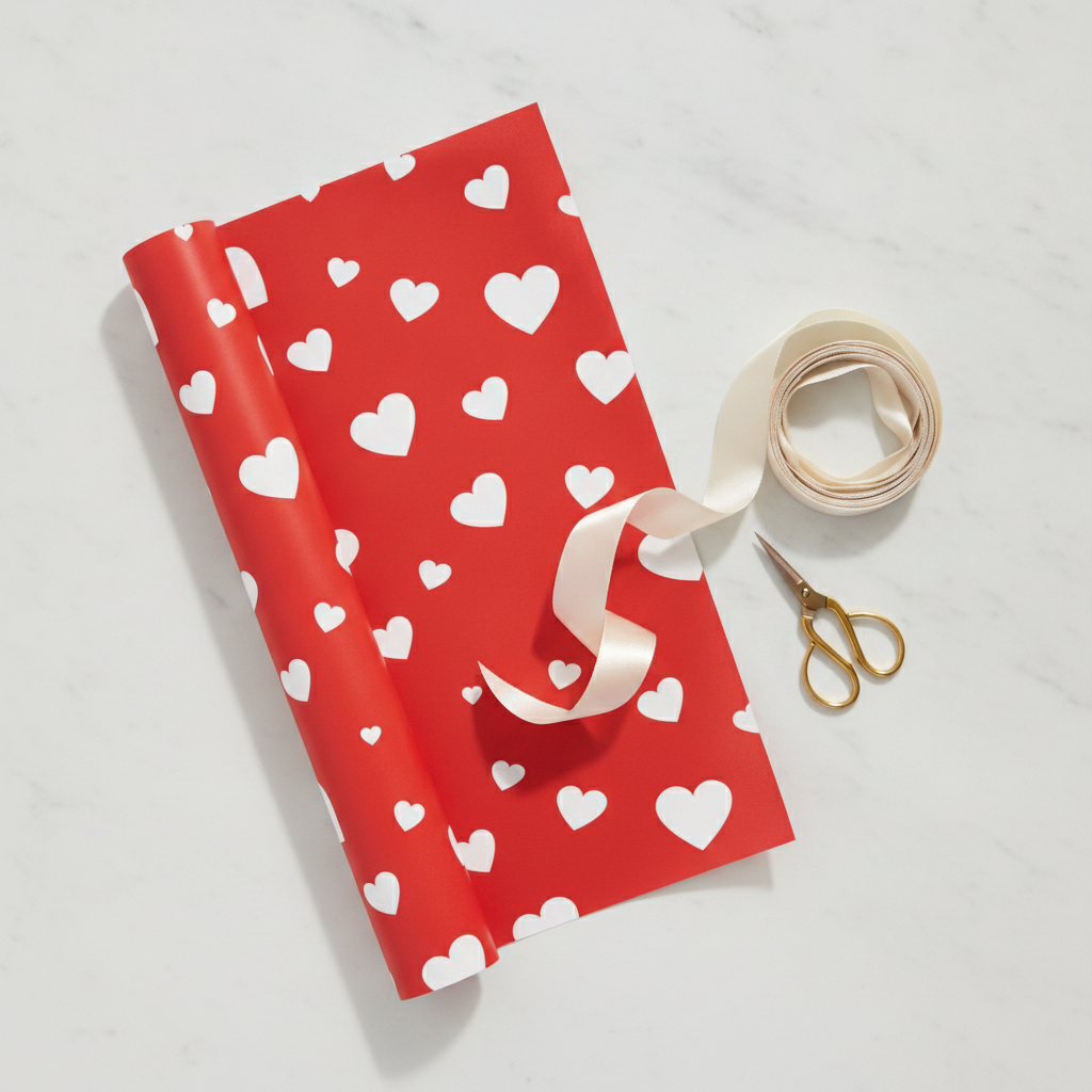 Red white-heart wrapping paper rolled with ribbon and scissors on marble
