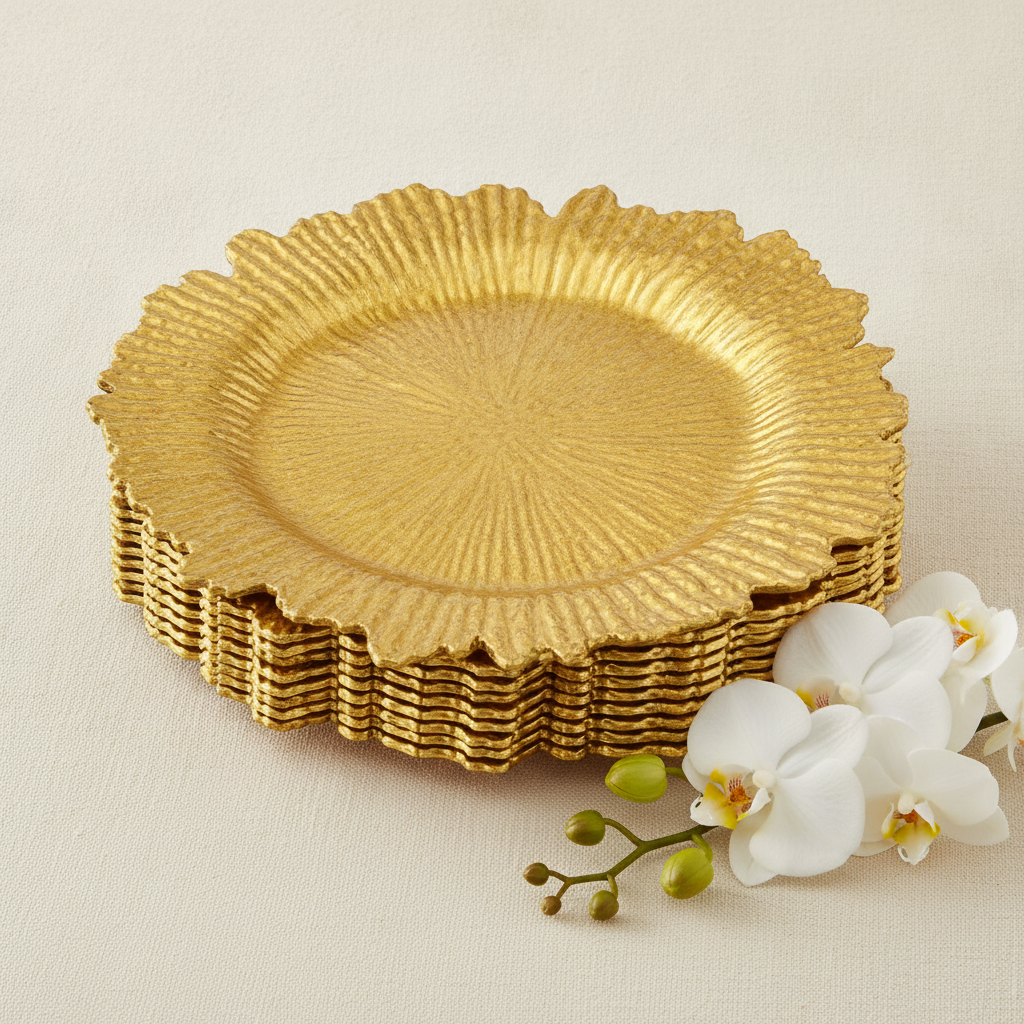 Stack of four gold ruffled-reef charger plates with an orchid sprig