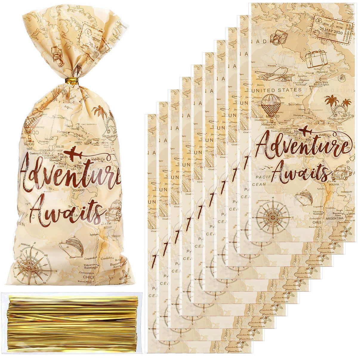 Adventure Awaits Treat Bags with Ties, 100-Pack
