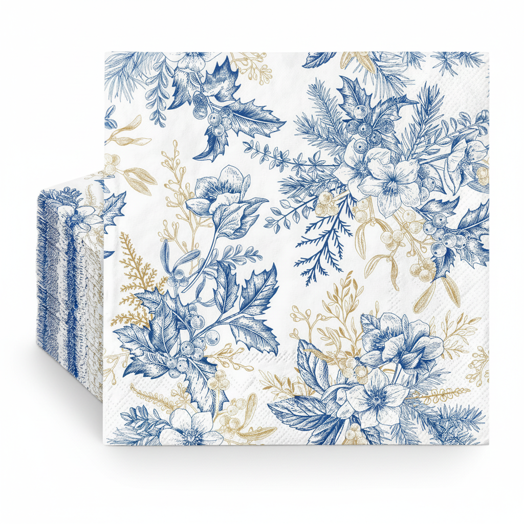 Blue and gold floral paper luncheon napkins, fanned stack on white