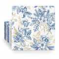 Blue and gold floral paper luncheon napkins, fanned stack on white