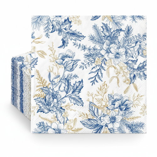 Blue and gold floral paper luncheon napkins, fanned stack on white