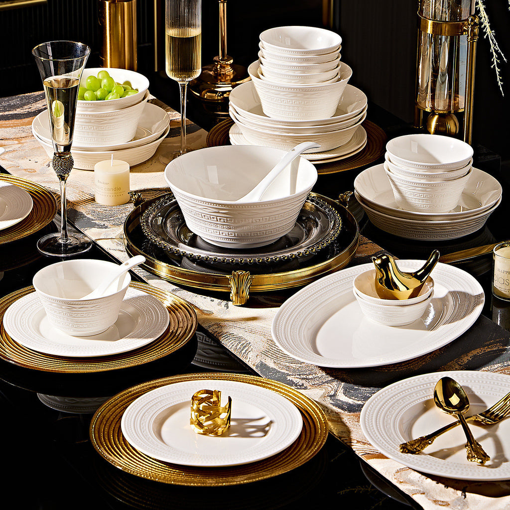 Jingdezhen Embossed White Porcelain Dinnerware Set for 12, 74 pc