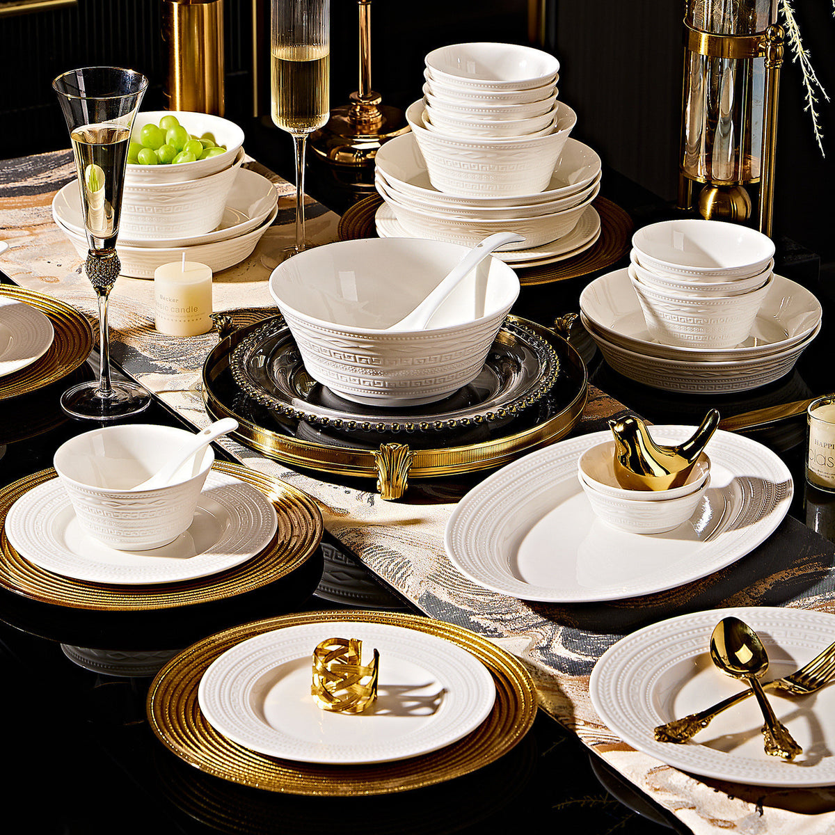 Jingdezhen Embossed White Porcelain Dinnerware Set for 12, 74 pc