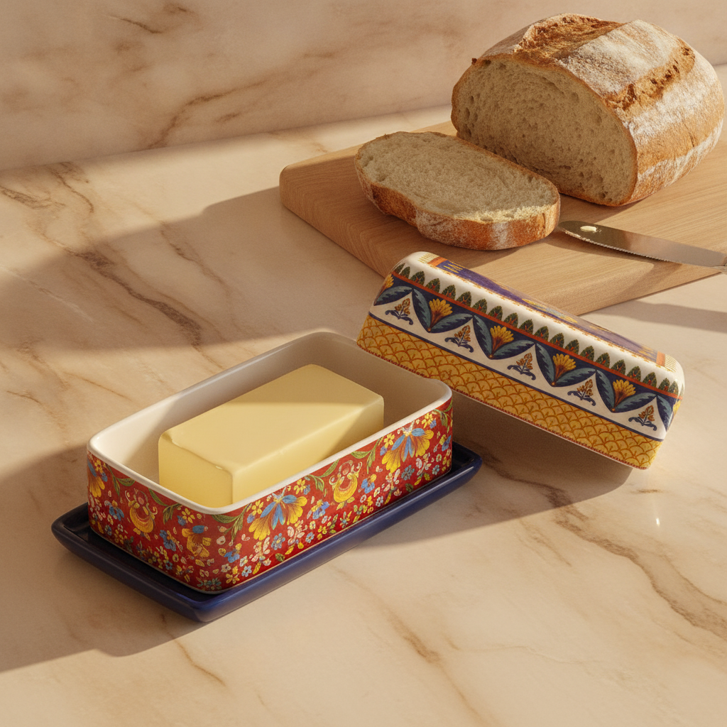 Ceramic butter dish with lid lifted revealing butter on the glazed tray