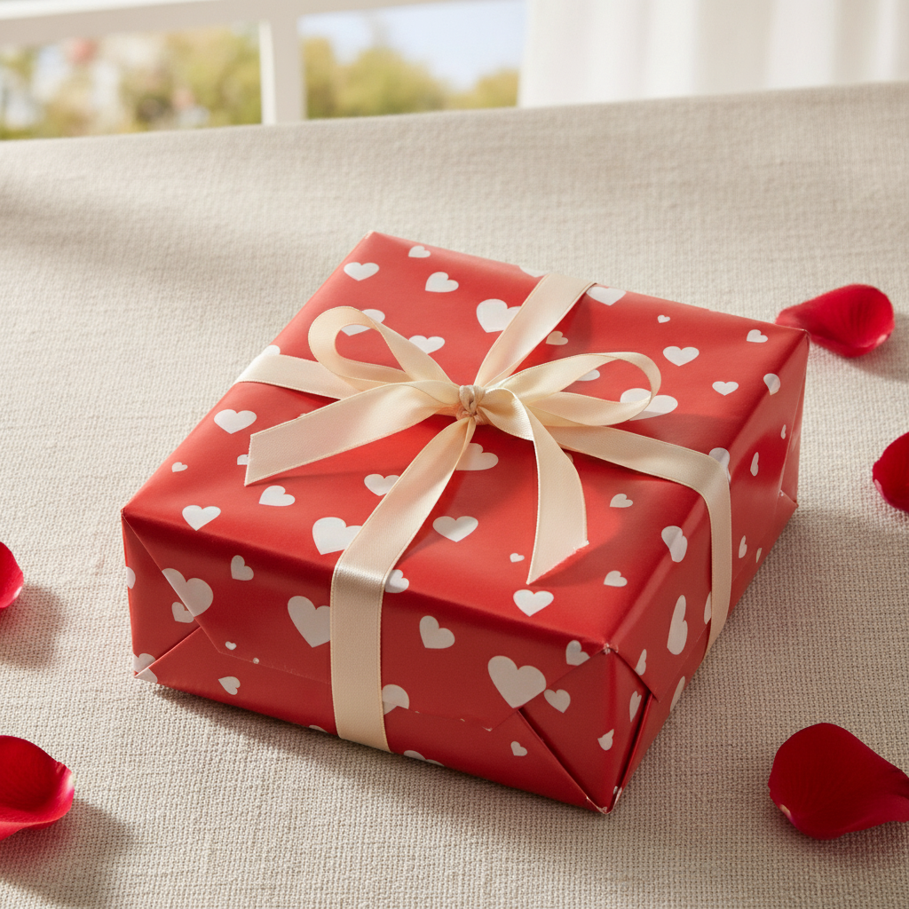 Gift box wrapped in red white-heart paper with a cream ribbon and rose petals
