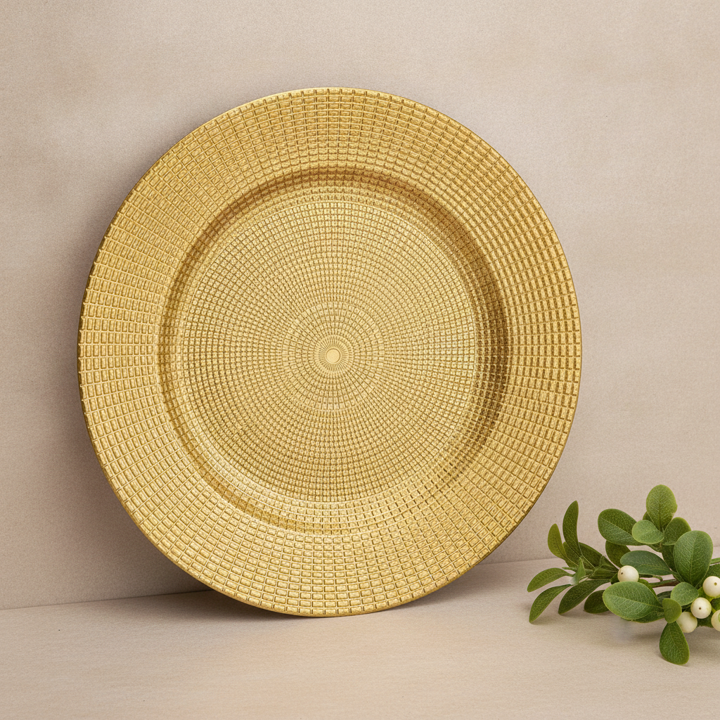 Angled shot of a single gold radial chain charger plate with greenery