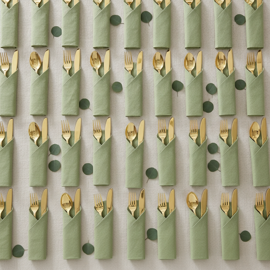 Catering tray of pre-rolled gold cutlery and green napkin sets in tidy rows flat-lay