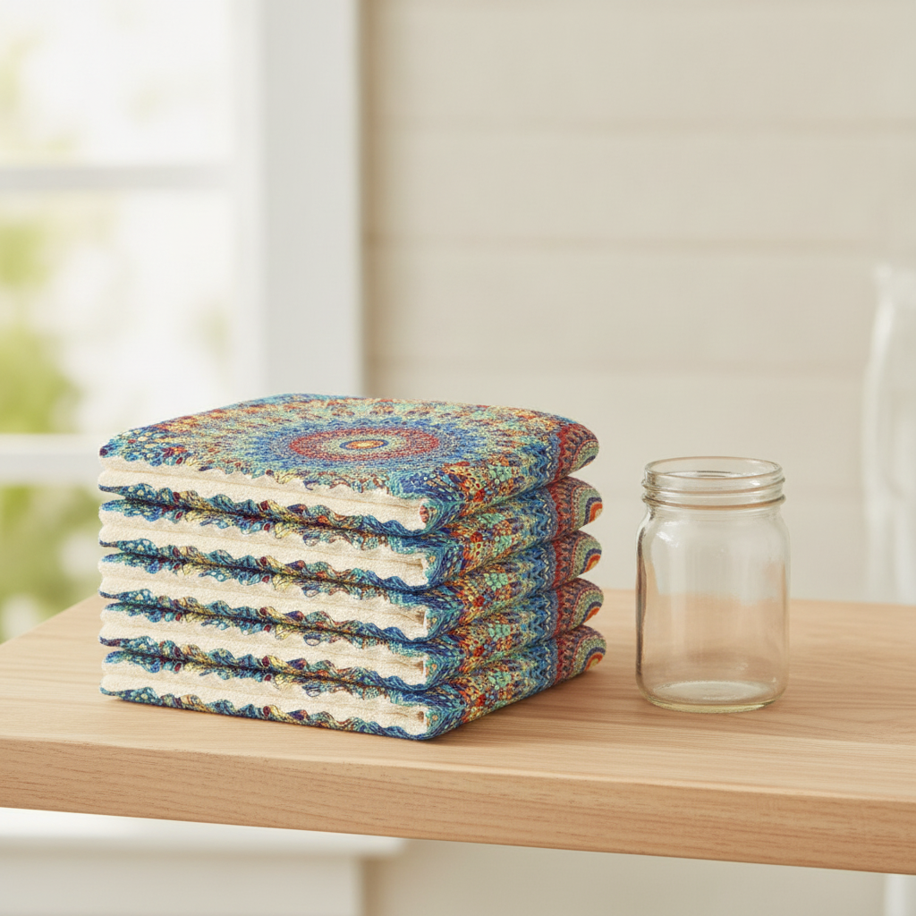 Folded stack of six mandala microfiber dishcloths on a shelf — Maison's Kitchen