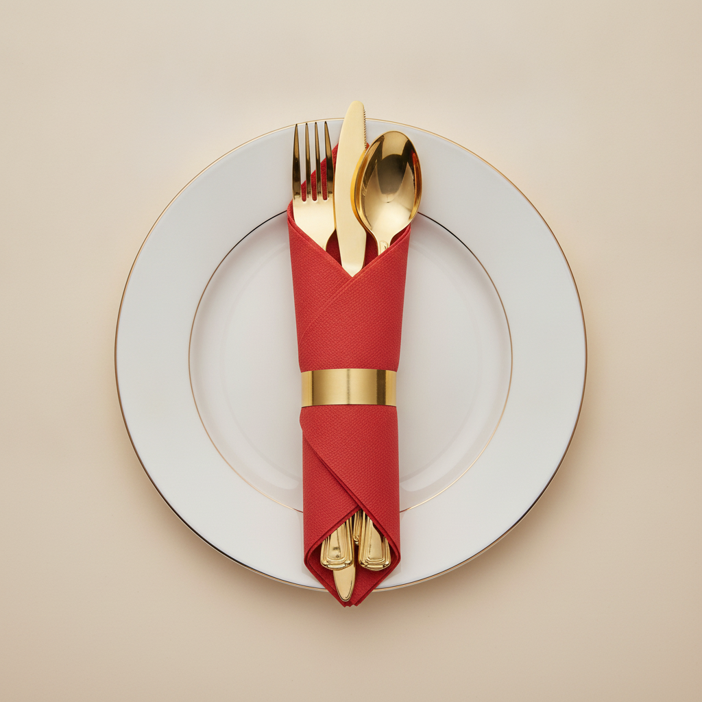 Gold plastic cutlery set pre-rolled in a red napkin with gold band on a gold-rimmed plate