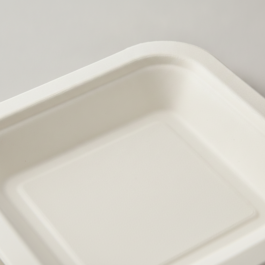 Macro detail of the molded bagasse fiber texture on a square plate edge