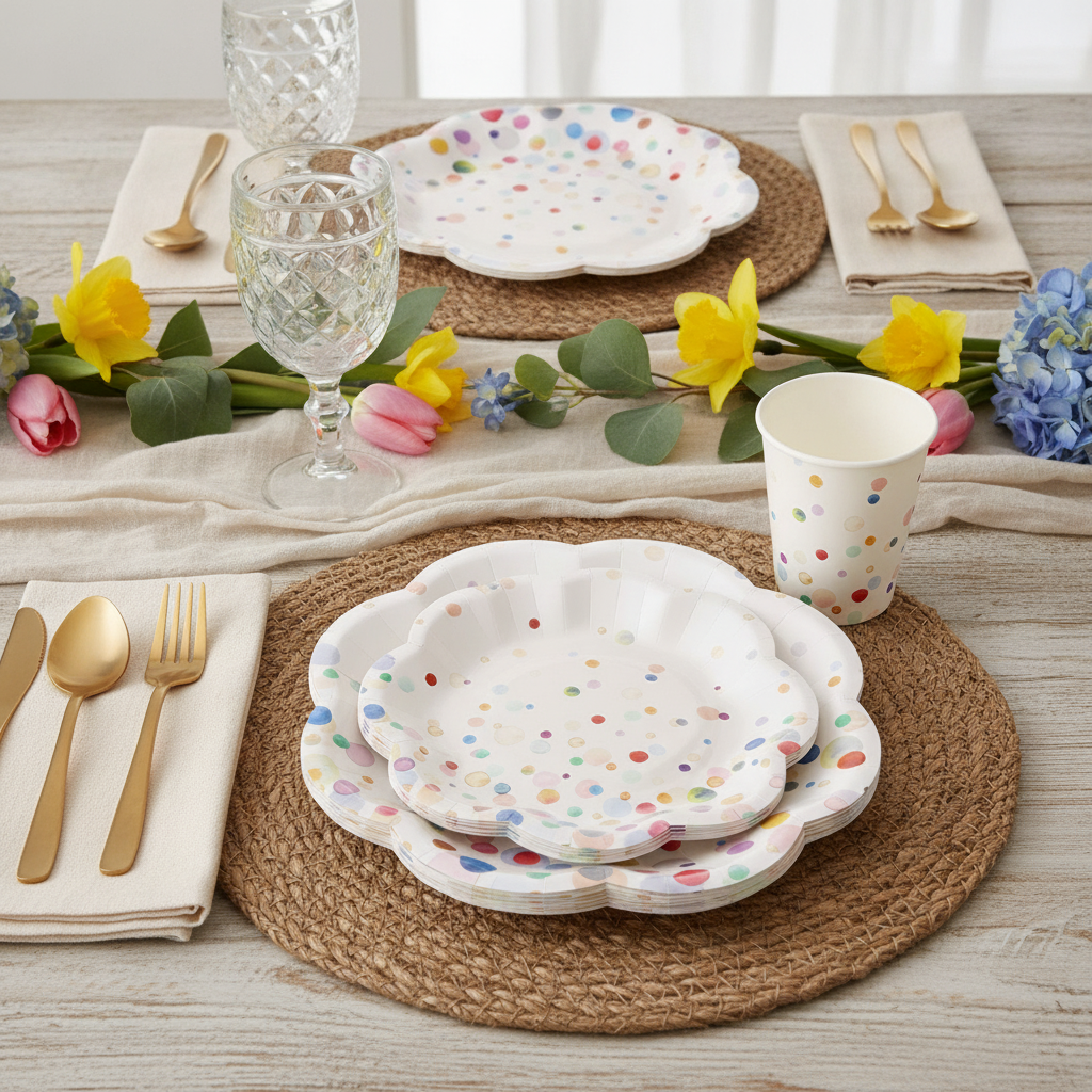 Colorful polka dot disposable paper party plates and cup with scalloped rim styled in a cheerful place setting