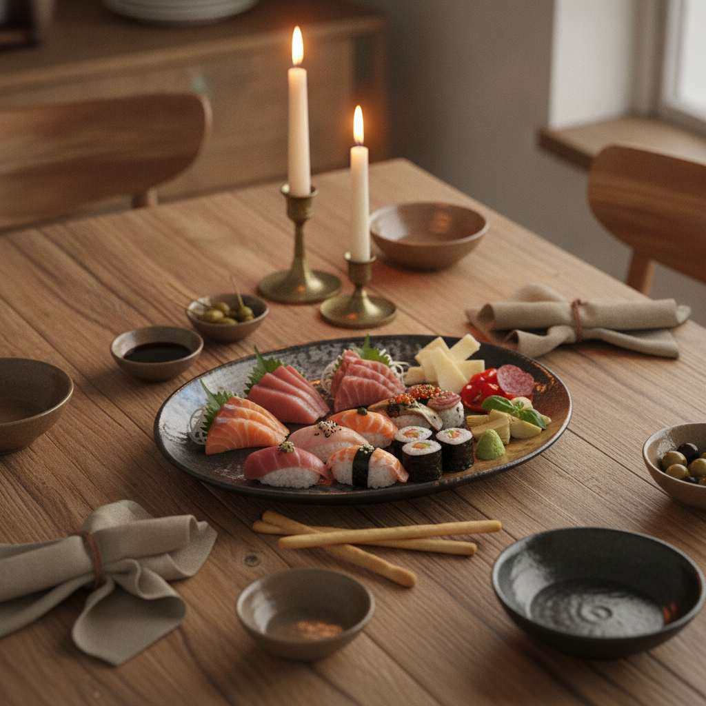 Oval reactive-glaze porcelain platter with antipasto in candlelight