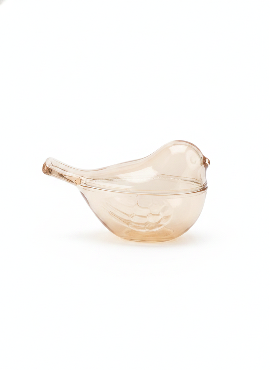 Songbird-shaped champagne glass trinket box with lift-off lid on white background