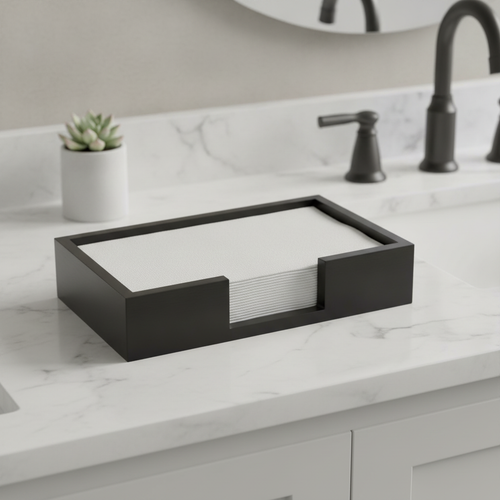 Black bamboo napkin tray on a powder room vanity holding folded white guest hand towels