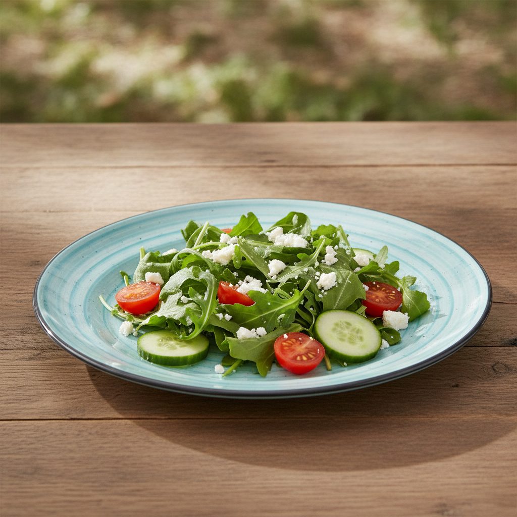 Blue spiral stoneware salad plate holding a fresh green salad