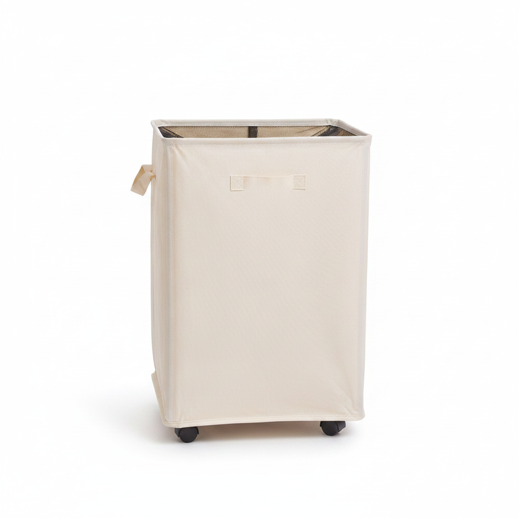 Beige Oxford cloth wheeled laundry hamper with mesh top on white background