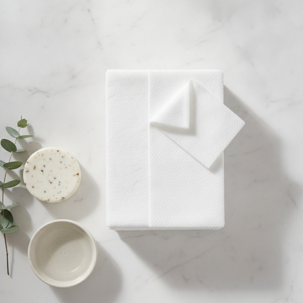 Overhead flat-lay of white cotton face towels with eucalyptus and soap on marble