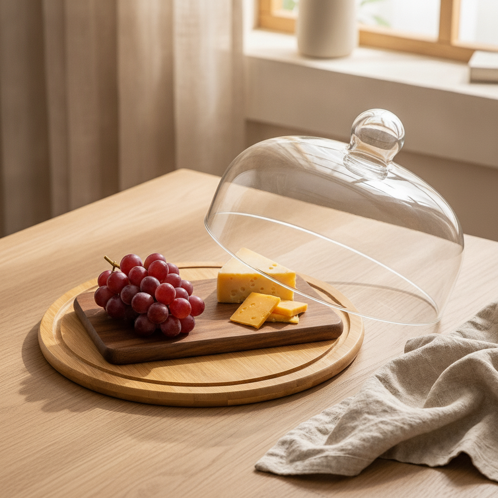 Glass dome fruit server with dome tilted revealing cheese and grapes inside
