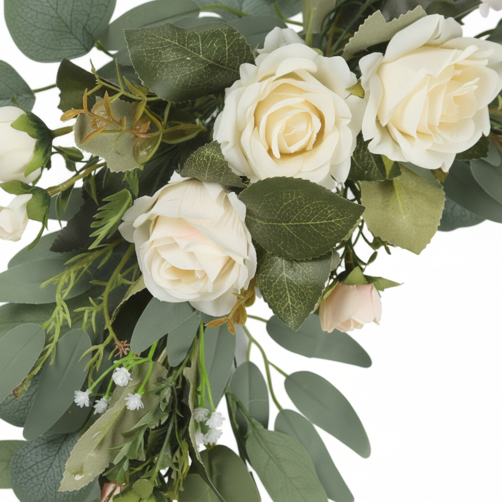 Close-up of cream silk roses, blush buds, baby's breath and eucalyptus