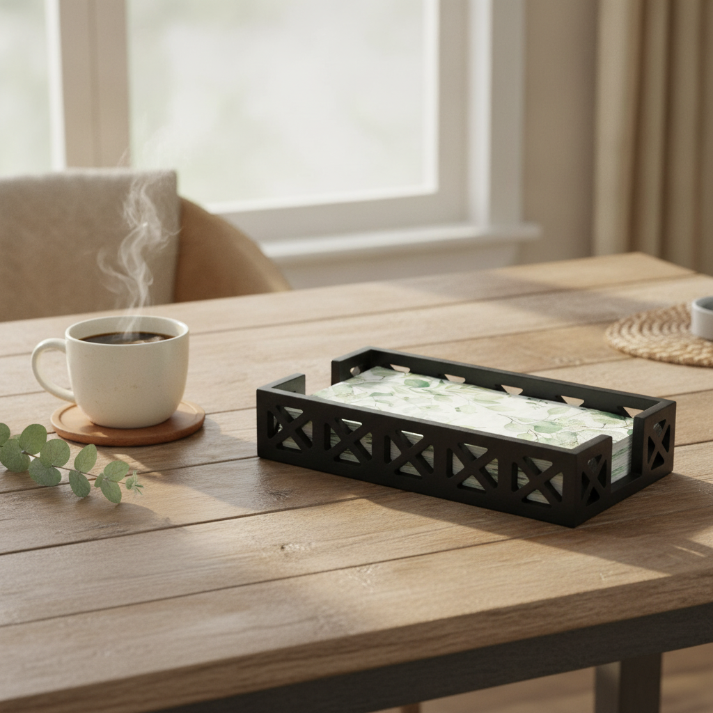 Black wood napkin holder tray styled on a rustic farmhouse table with coffee and eucalyptus