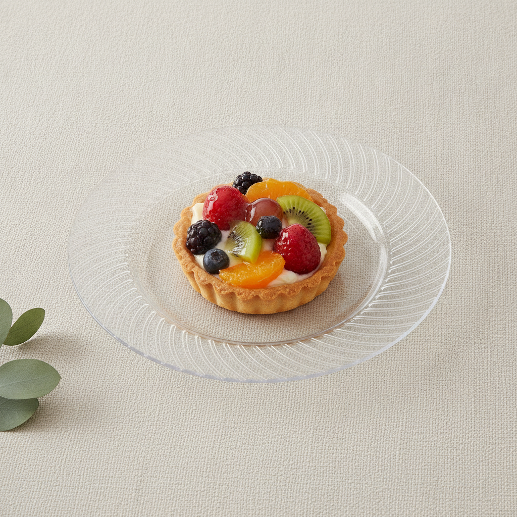 Angled close-up of a clear disposable plate with a fruit tart on ivory linen