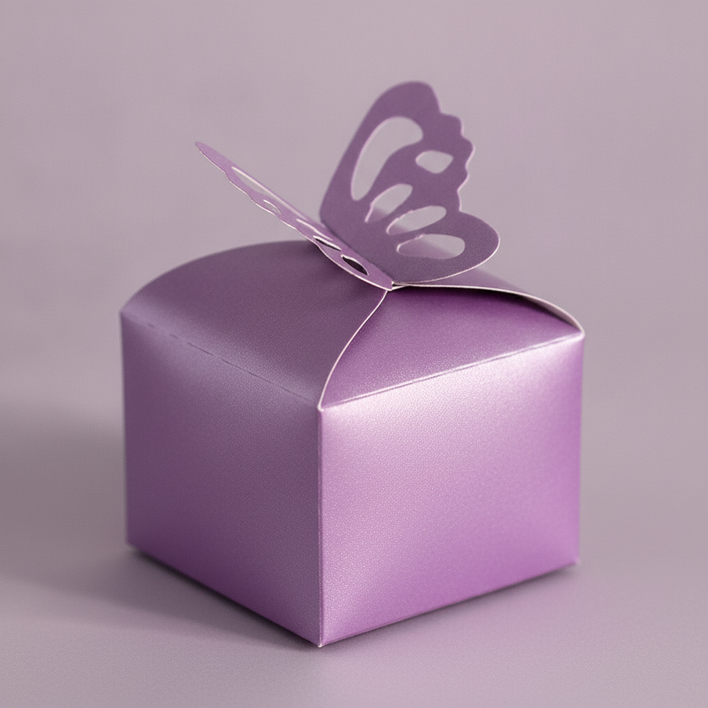 Close-up of purple butterfly favor box 3D butterfly closure and pearlescent paper