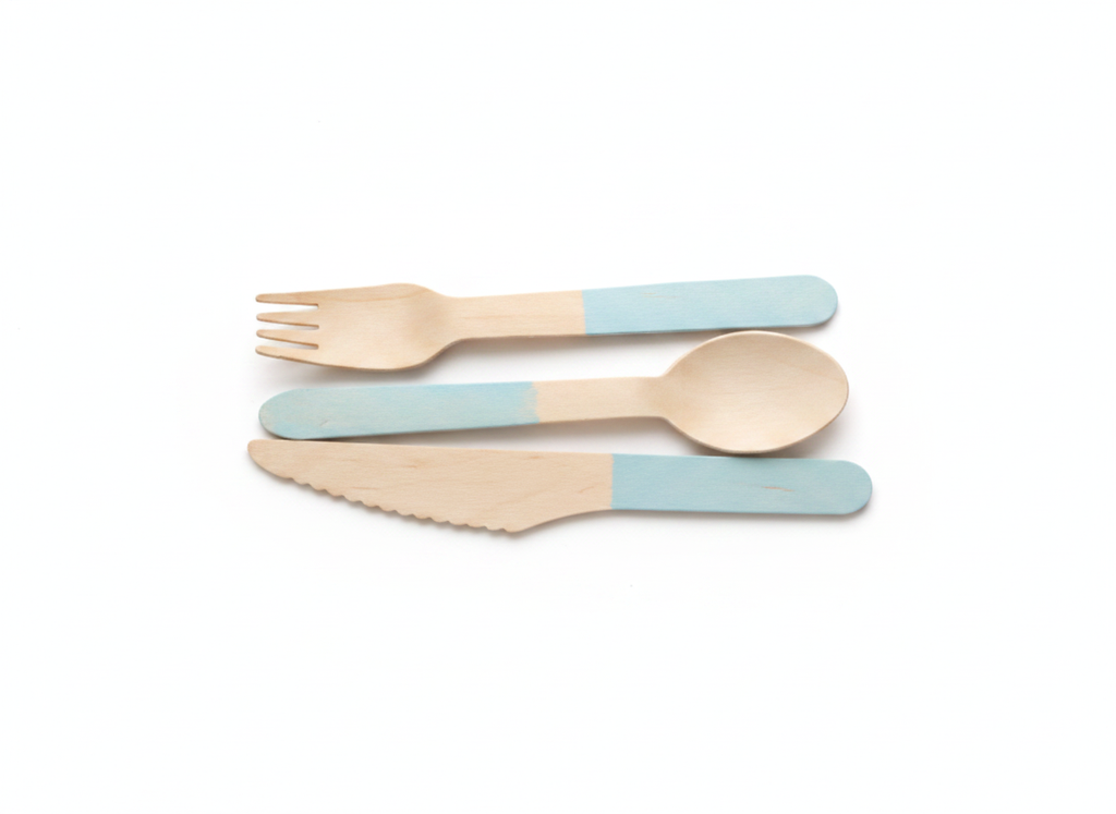 GreenWood disposable wooden cutlery set with pastel blue dipped handles on white background