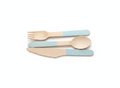 GreenWood disposable wooden cutlery set with pastel blue dipped handles on white background