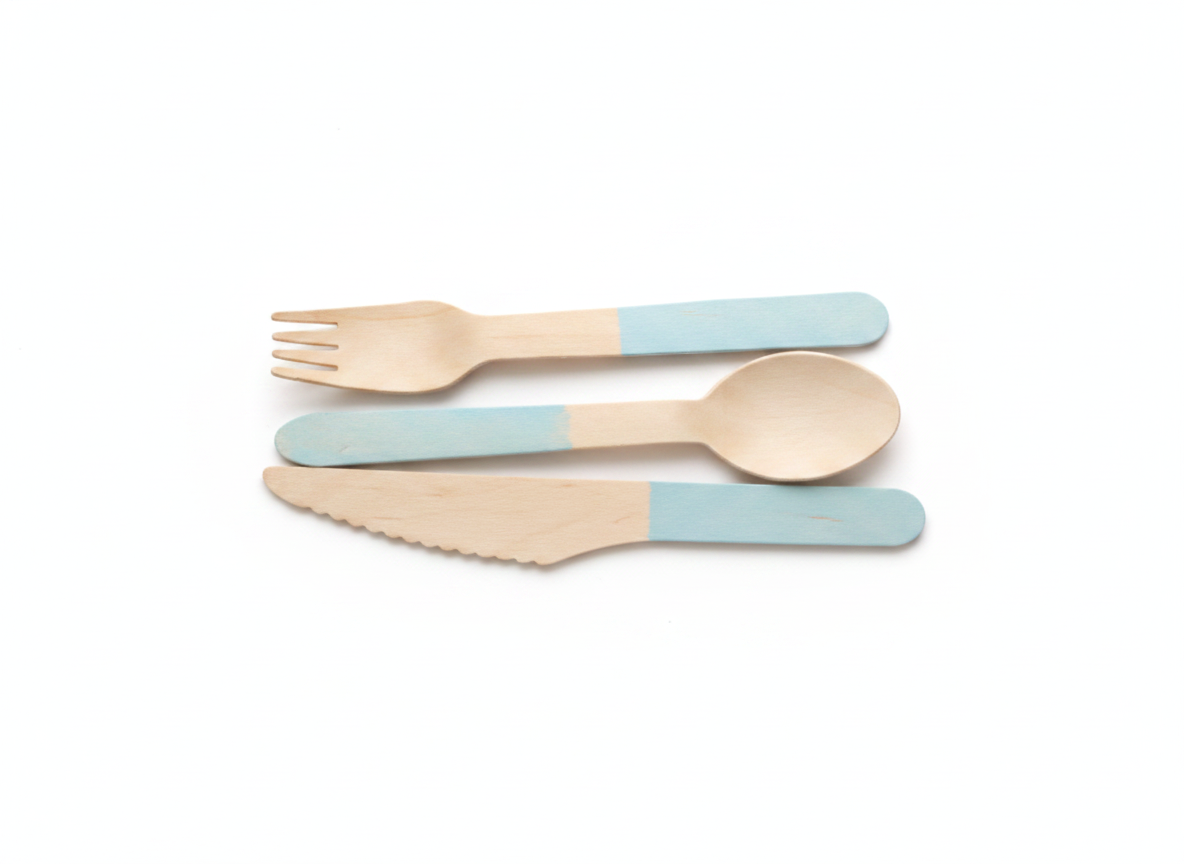 GreenWood disposable wooden cutlery set with pastel blue dipped handles on white background