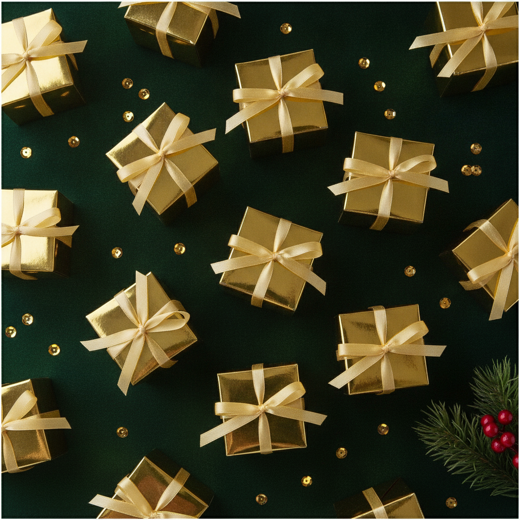 Overhead flat-lay of shiny gold mini cube gift boxes with gold ribbons on emerald velvet