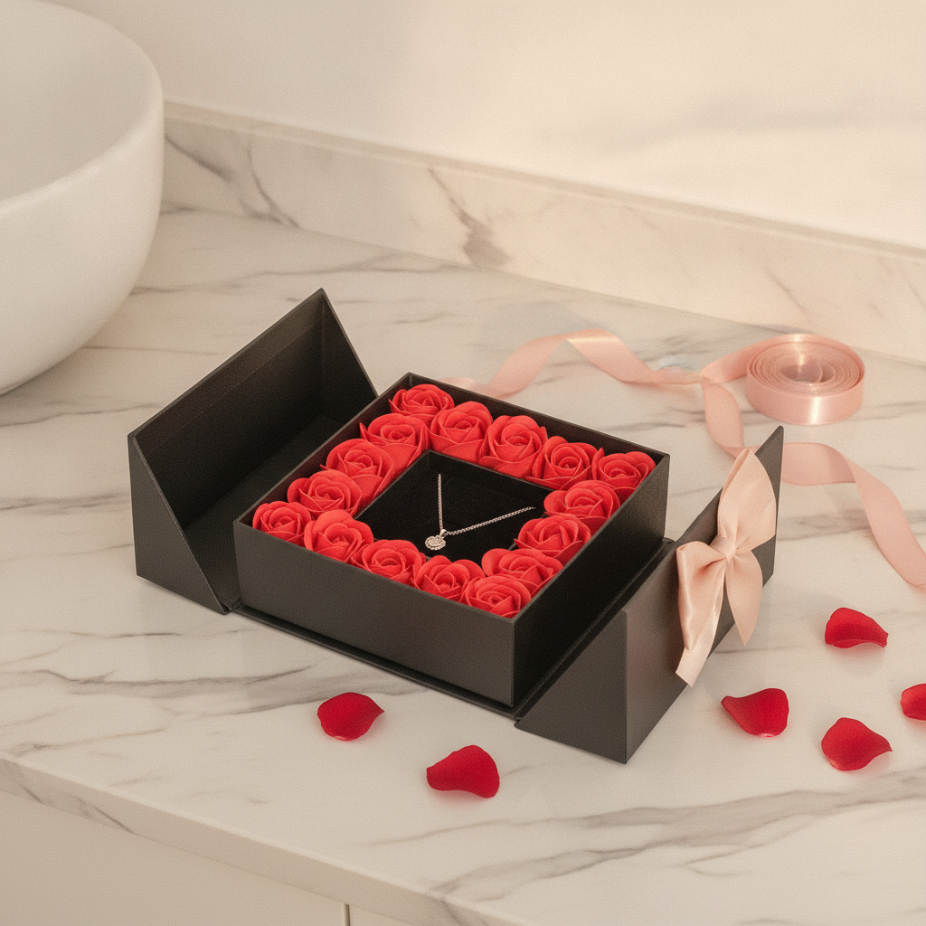 Rose jewelry gift box styled on a marble vanity with a necklace and rose petals
