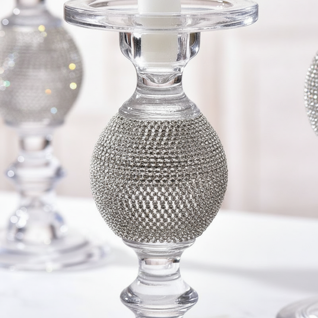 Macro close-up of the hand-set rhinestone sphere set into the clear glass stem