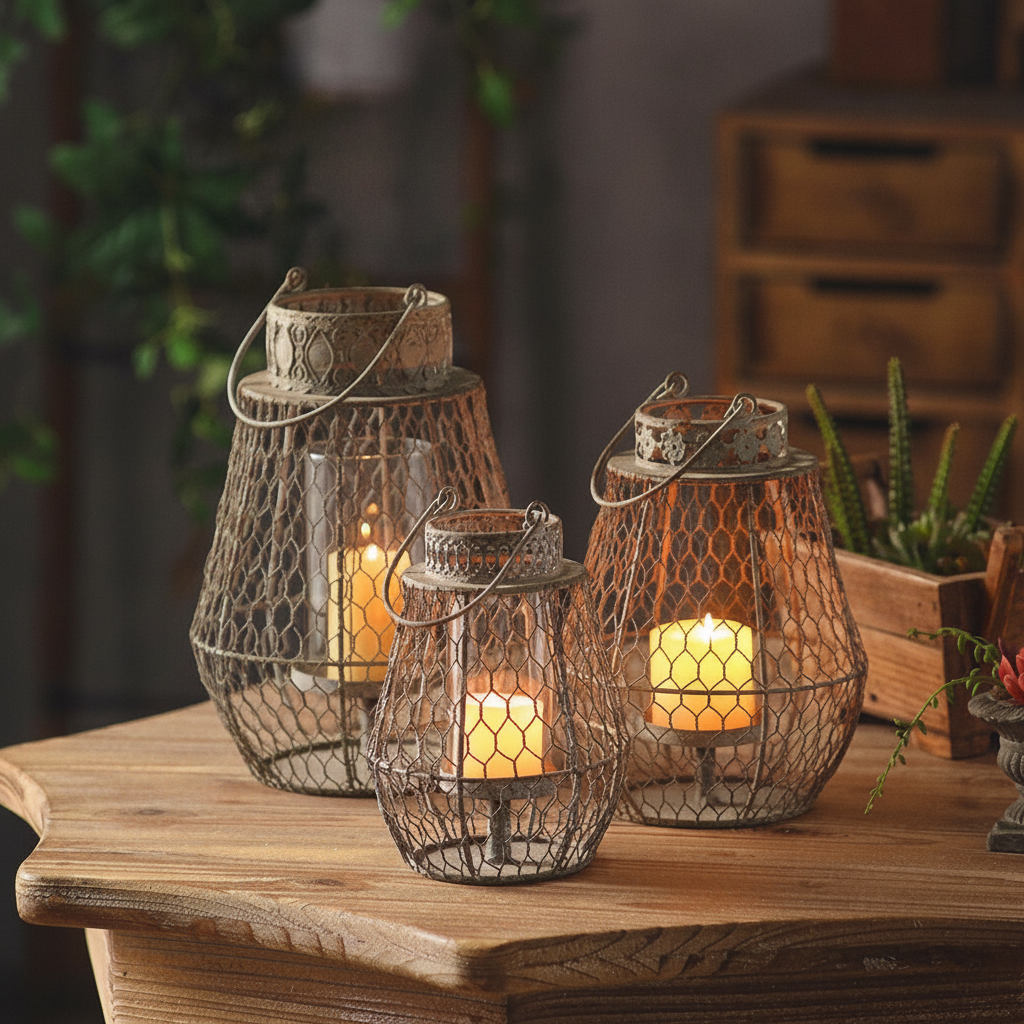 Three woven wire lanterns in graduated sizes grouped on a console table with lit candles