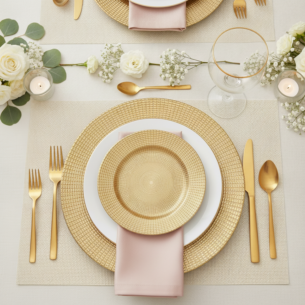 Wedding place setting with gold chain charger plate, gold cutlery and roses