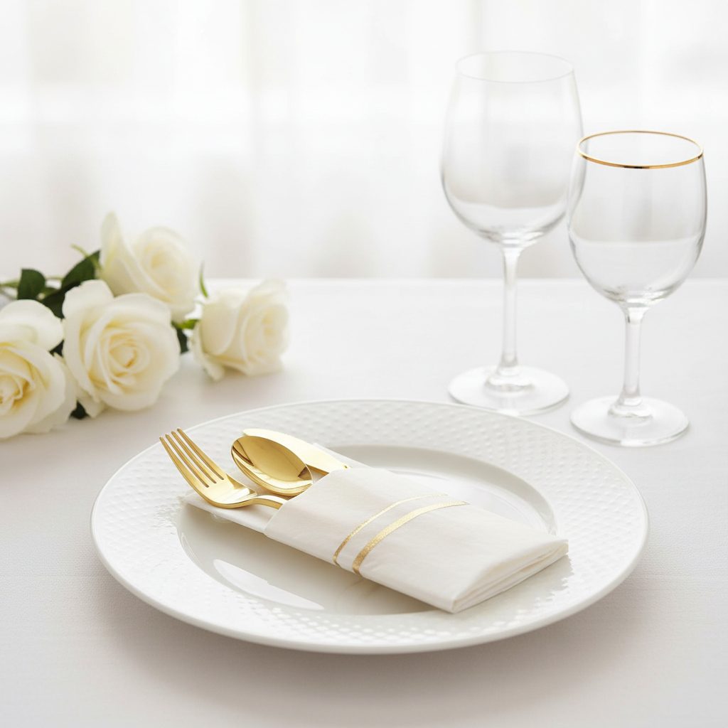 Pre-rolled white-and-gold cutlery napkin bundle on a white plate at a bridal shower