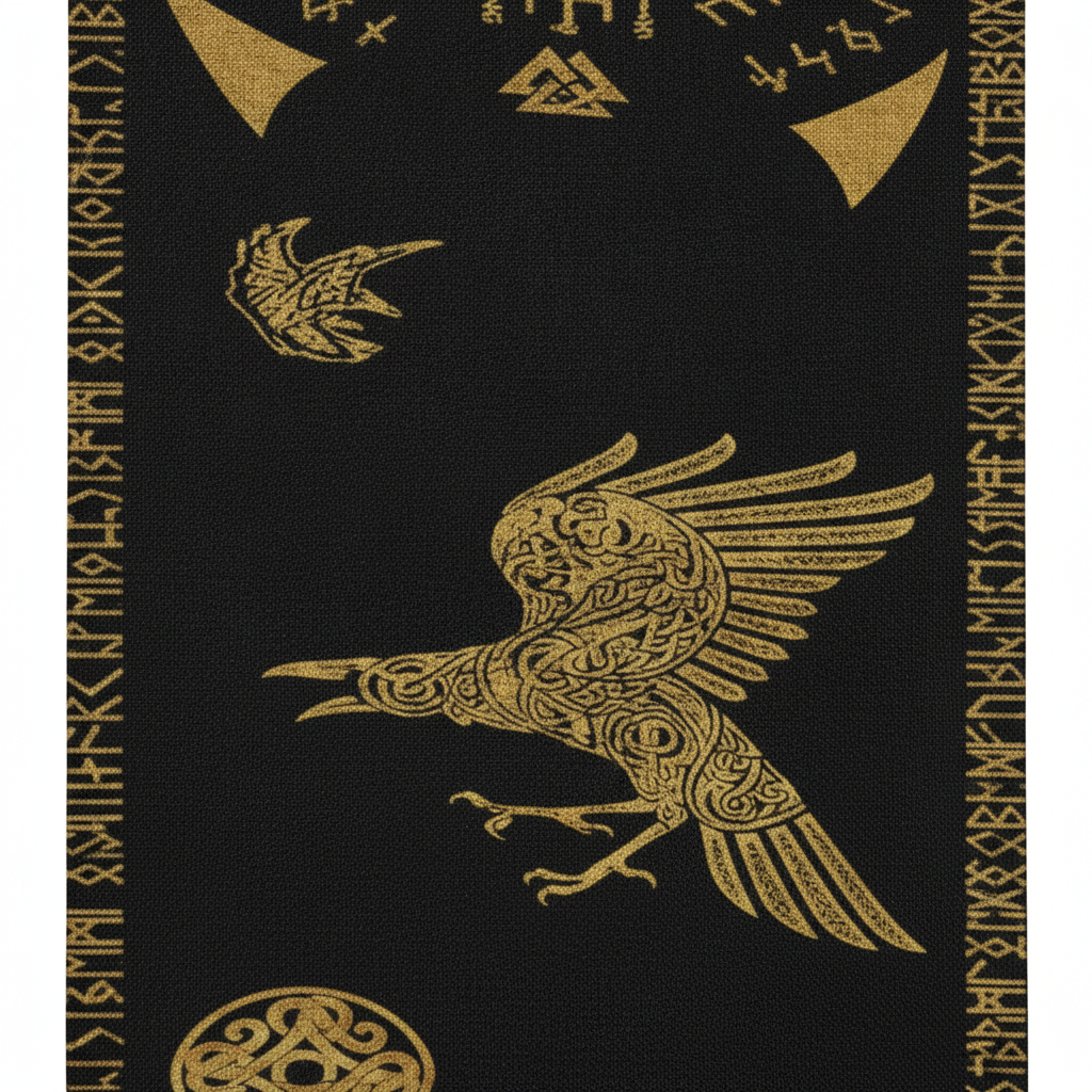 Gold runic border edge detail on the black Norse Viking woven table runner
