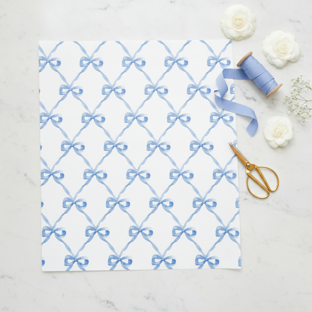 Overhead flat-lay of blue bow lattice wrapping paper with ribbon and scissors