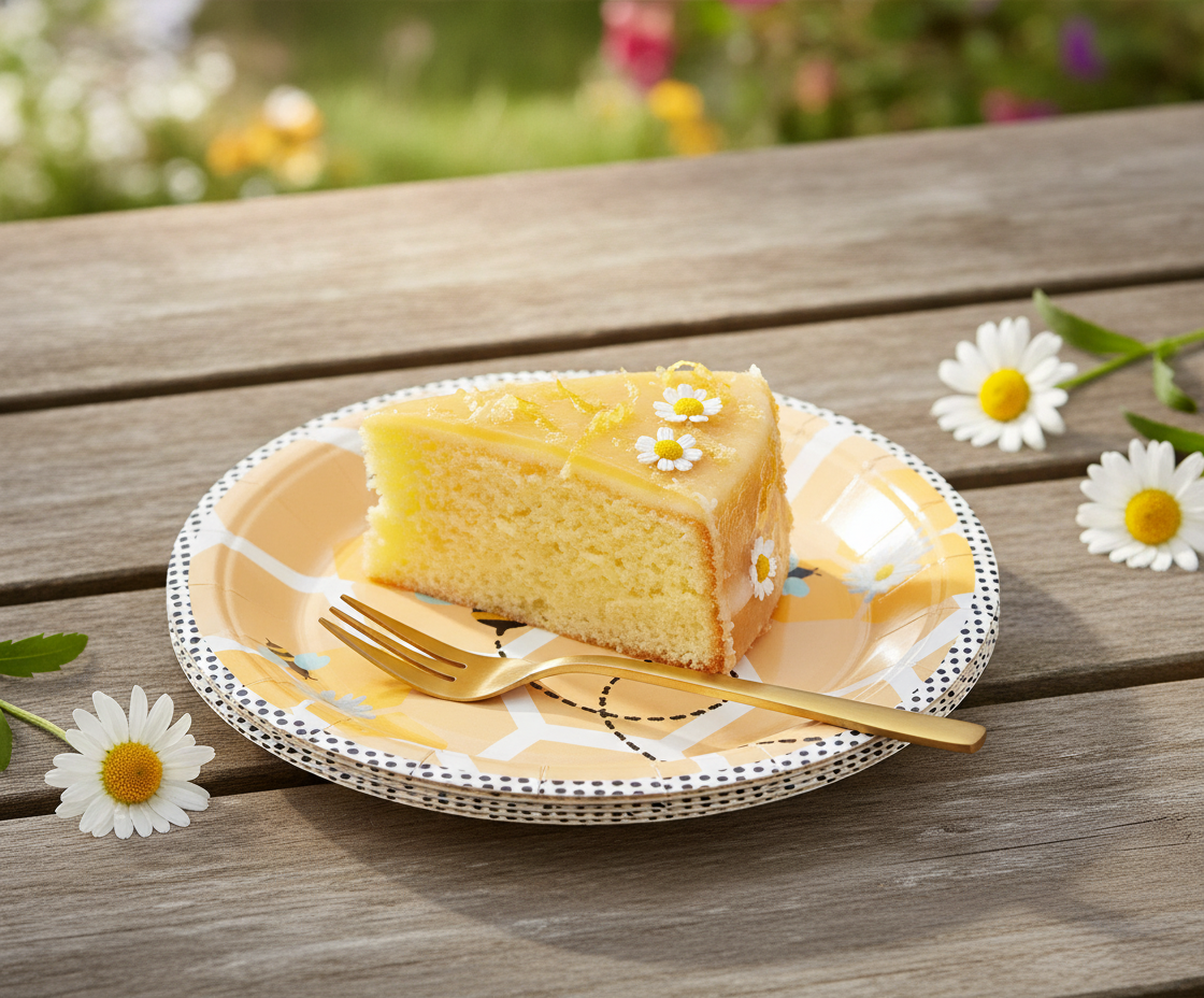 Stack of bee-design paper plates with a slice of cake on a garden table