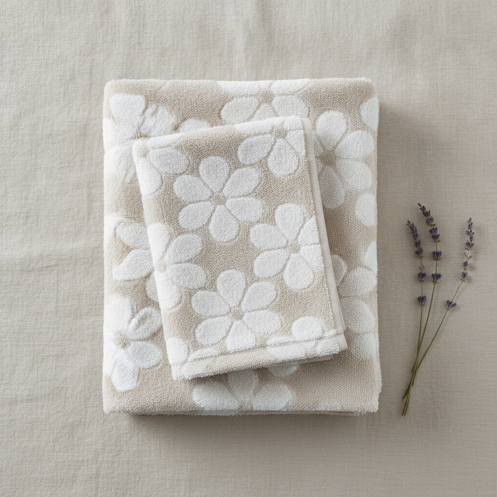 Overhead flat-lay of two folded light beige floral jacquard bath towels with lavender