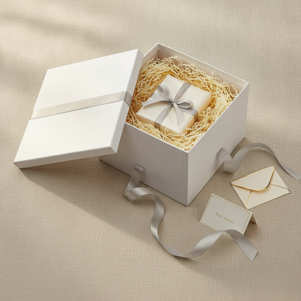 Open white square gift box with paper filler, a wrapped gift and greeting card