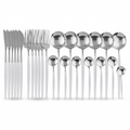24-piece stainless steel cutlery set with mirror-silver heads and white handles on white background