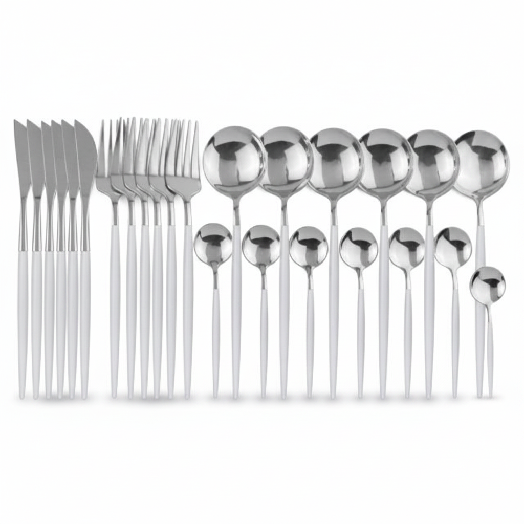 24-piece stainless steel cutlery set with mirror-silver heads and white handles on white background
