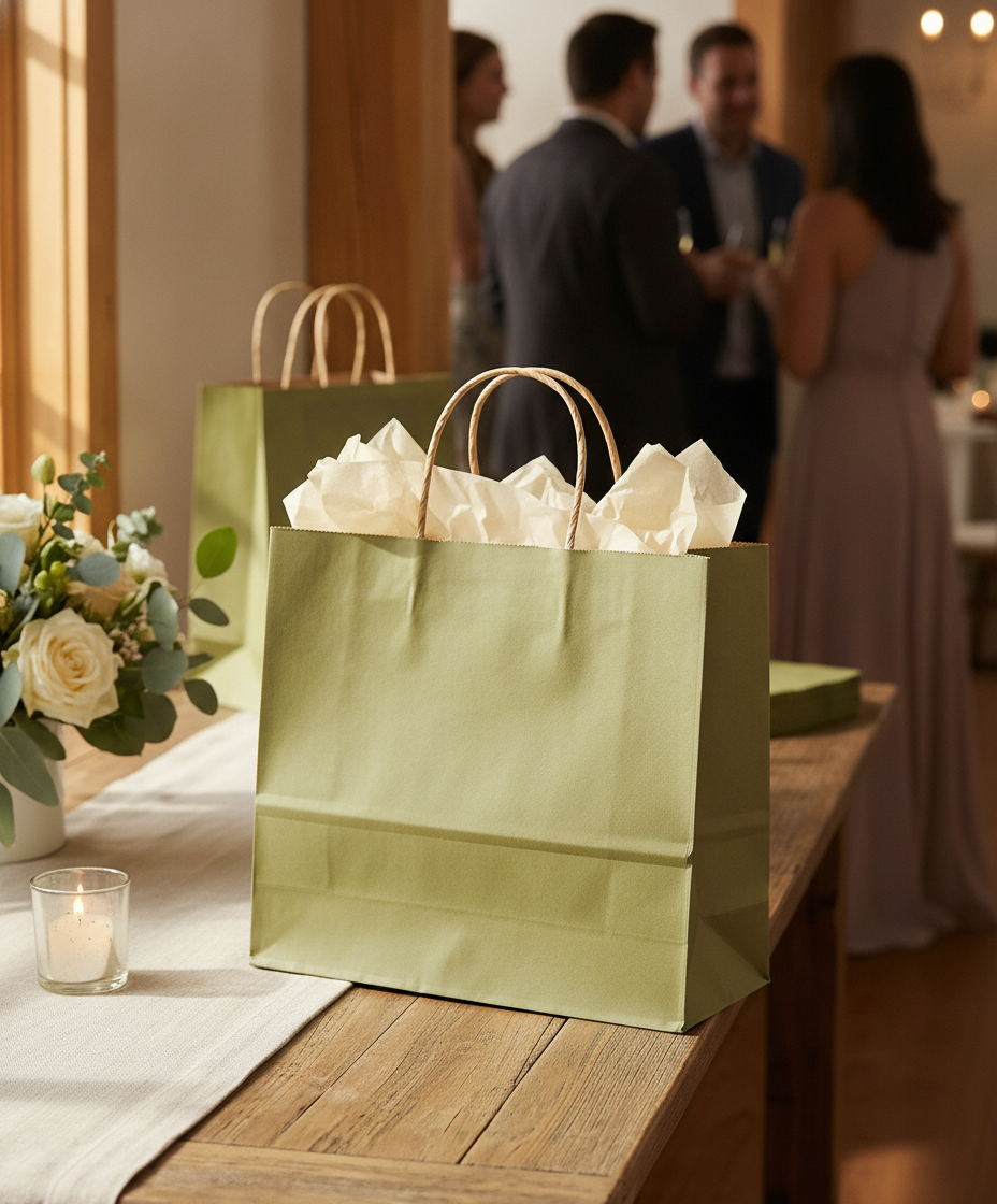 Sage green gift bag at a wedding welcome table with white flowers